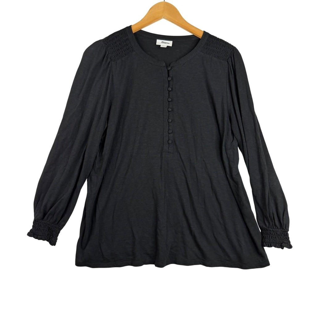 J. Jill Women's Smocked Boho Henley Long Sleeve Blouse size Medium Black